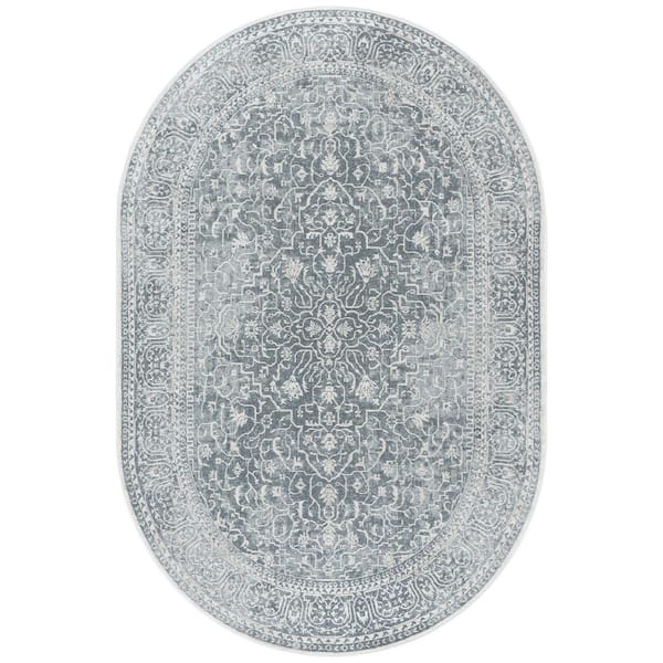 Reflection 5 ft. x 8 ft. Oval Dark Gray/Cream Distressed Floral Area Rug