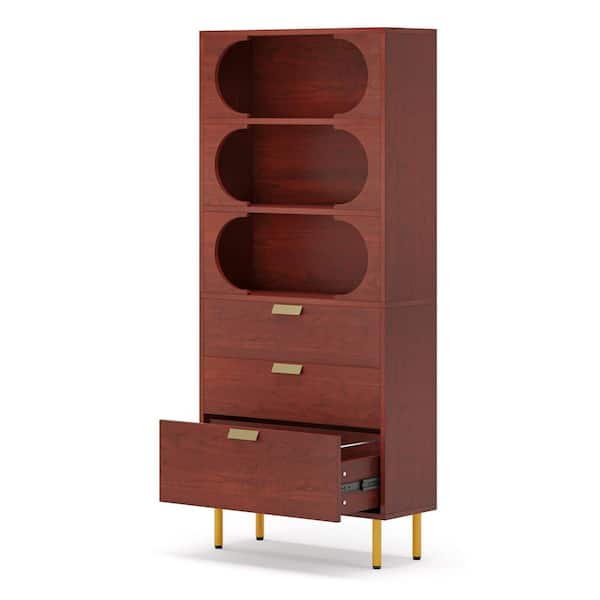 BYBLIGHT Eulas 70.87 in. Tall Dark Red Wood Bookcase with 3-Tier Open Storage Shelves and File Drawer for Study Room