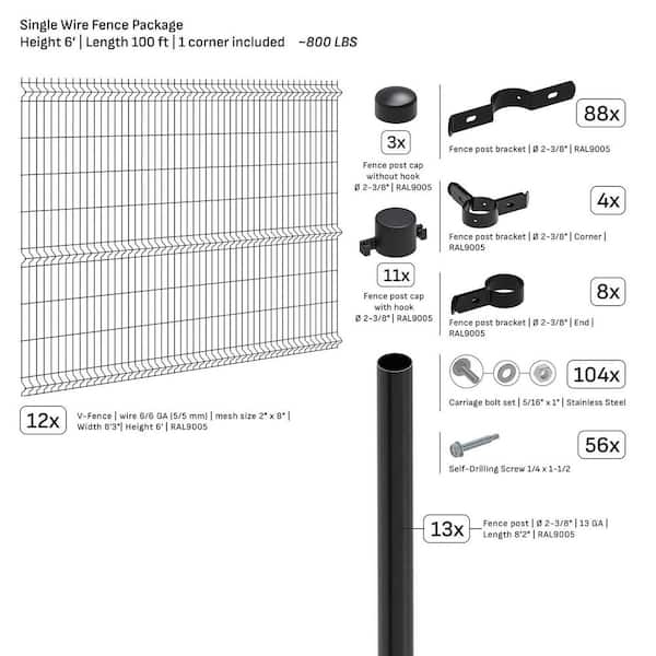 Single-Wire V-Fence 100 ft. x 6 ft. Steel Flat Top Spaced Black Fence Panel Package
