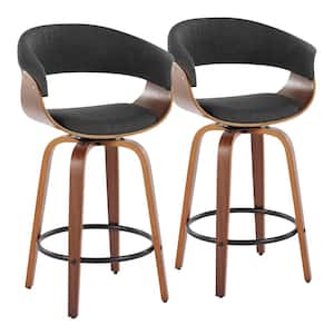 Vintage Mod 25.25 in. Charcoal Fabric, Walnut Wood and Black Metal Fixed-Height Counter Stool Round Footrest (Set of 2)