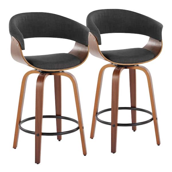 Lumisource Vintage Mod 25.25 in. Charcoal Fabric, Walnut Wood and Black Metal Fixed-Height Counter Stool Round Footrest (Set of 2)