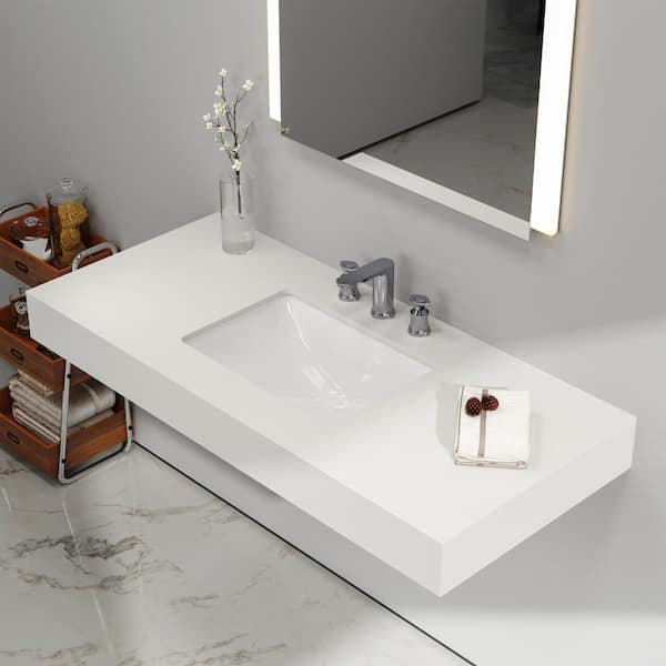 MEDUNJESS Engineered Stone Limestone Plate Wall-Mounted Bathroom Vessel Sink (49 in. W x 22 in. D)