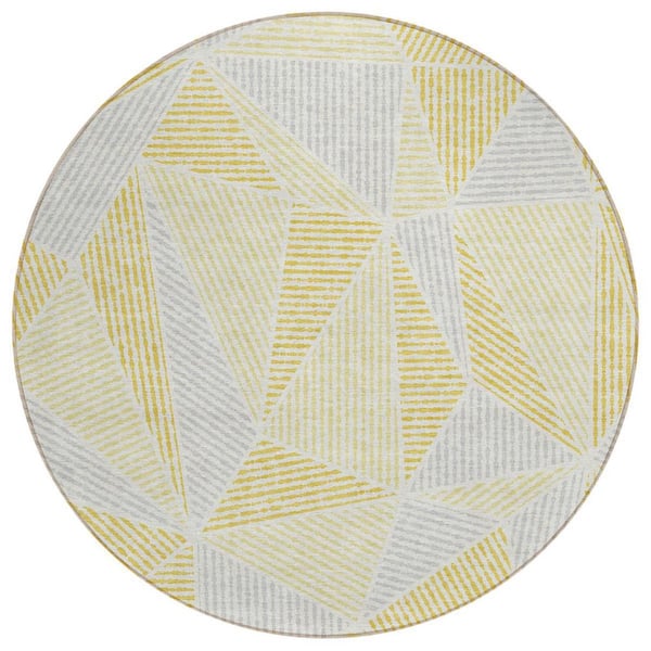 Gold, Gray, Wheat 8 ft. Round Woven Geometric Polyester Round Indoor/Outdoor Area Rug