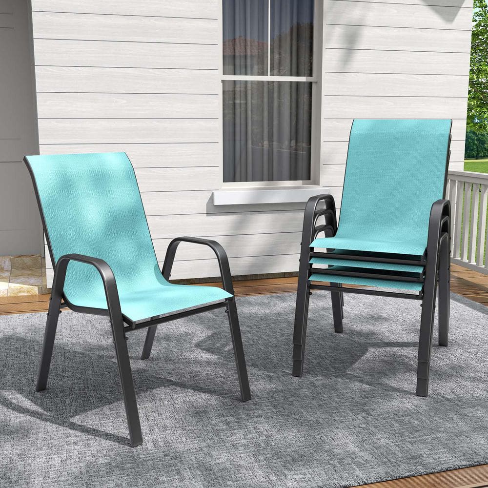 Sky Blue Steel Outdoor Dining Chair Wide Seat Patio Chair Bistro