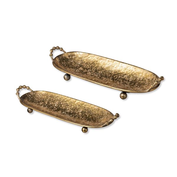 Glitzhome Oval Metal Gold Decorative Trays with Handles（Set of 2）