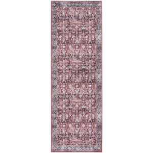 Red and Ivory 2 ft. x 6 ft. Oriental Power Loom Distressed Washable Non Skid Runner Rug
