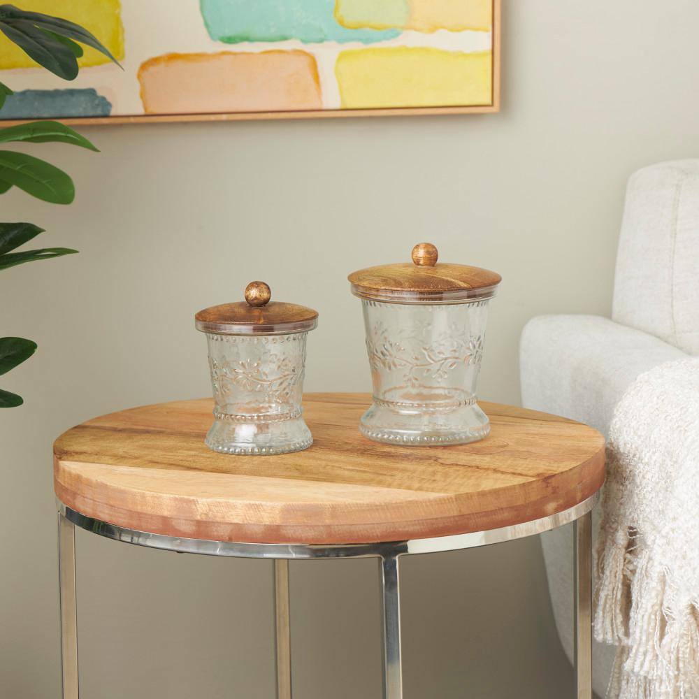 Clear Glass Floral Beaded Decorative Jars with Brown Wooden Lids and Round Knobs (Set of 2) price history on PriceWatchPro