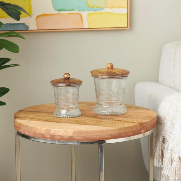 Litton Lane Clear Glass Floral Beaded Decorative Jars with Brown Wooden Lids and Round Knobs (Set of 2)