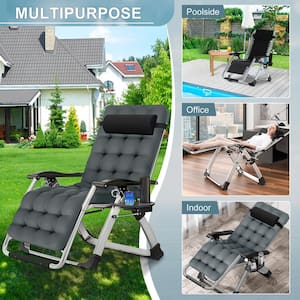 Zero Gravity Chair Black Metal Folding Lawn Chair with Detachable Cushion, Headrest and Cup Holder
