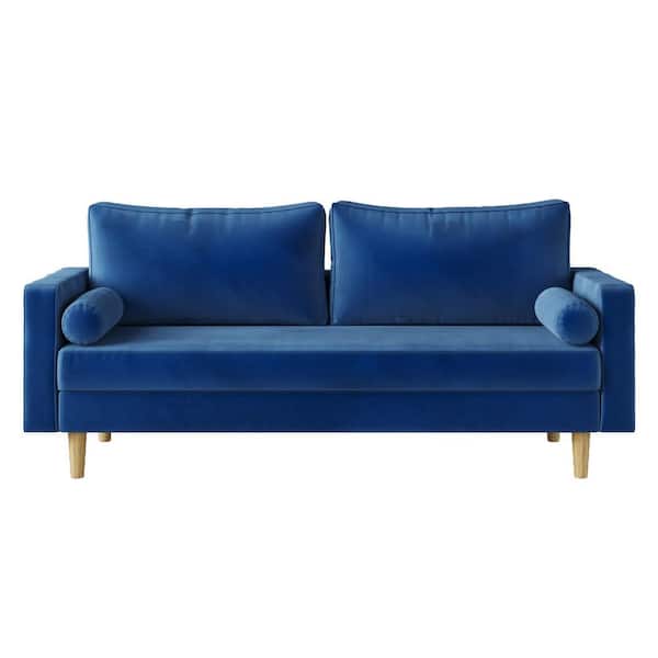Unbranded 73.62 in. Width Dark Blue Velvet Pillow Back 2-Seater Loveseats with 2 Cyclinder Pillows