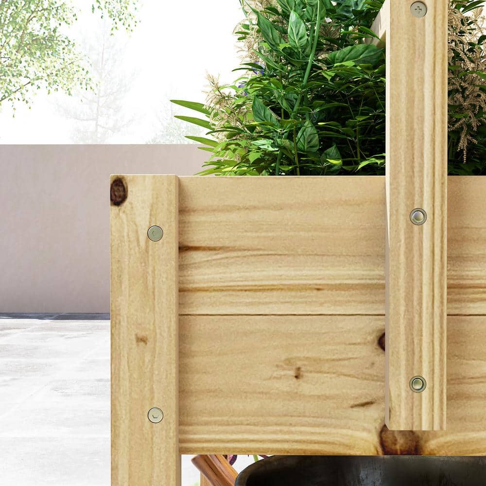 Natural Fir Wood Raised Planter Box with Trellis and Storage Shelf