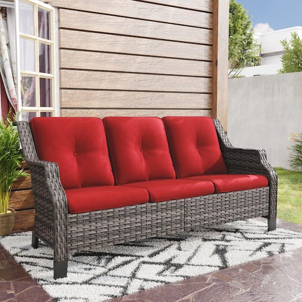 Gardenbee 3-Seat Wicker Outdoor Patio Sofa Sectional Couch with Red Cushions