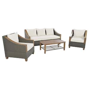 Gray 4-Piece Metal Rattan Patio Conversation Set with Wooden Coffee Table and Beige Cushions Seating 5 People