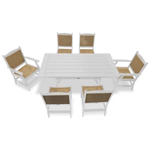 Tuscany White 7-Piece HDPE Plastic Woven Retangle Outdoor Dining Set