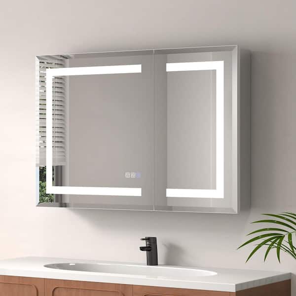 Luna 36 in. W x 24 in. H Rectangular Sliver Aluminum Recessed/Surface Mount Medicine Cabinet with Mirror, LED Lighting