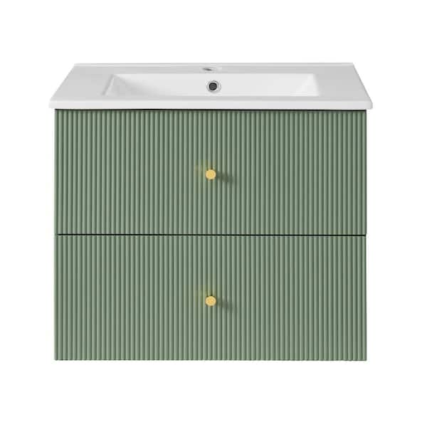 EPOWP 24 in. W x 18.1 in. D x 20.3 in. H Single Sink Wall Mounted Bath Vanity in Green with White Ceramic Top and 2 Drawers