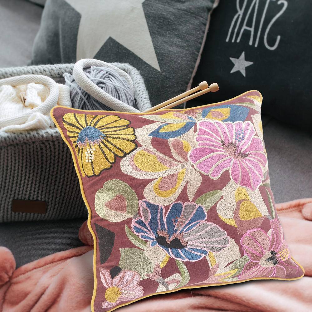 Hibiscus Floral Multi-Color Cotton Square Throw Pillow, 20"
