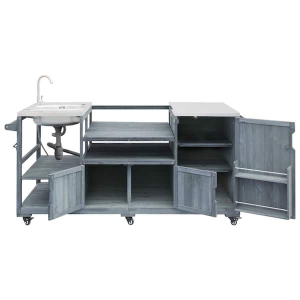 Gray Blue Solid Wood Outdoor Bar Cart Grill Cart Kitchen Island with Sink, Stainless Steel Top