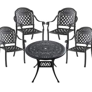 Black 5-Piece Cast Aluminum Outdoor Dining Set, Patio Furniture with 35.43 in. Round Table and Random Color Cushions