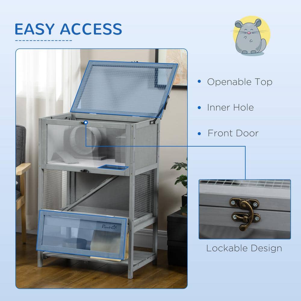 Grey Wooden Hamster Cage with Storage Shelf and Ramp