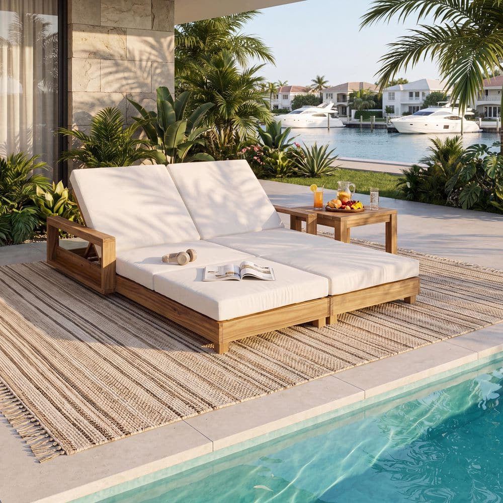 Caleb Natural Finish Wood Adjustable Patio Outdoor Double Chaise Lounge with 3-Fold Cream Cushions price history on PriceWatchPro
