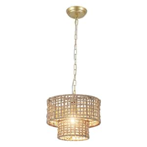 1-Light Drum Gold Hanging Ceiling Pendant Light Linear Chandelier with Rattan Shaded for Kitchen Island