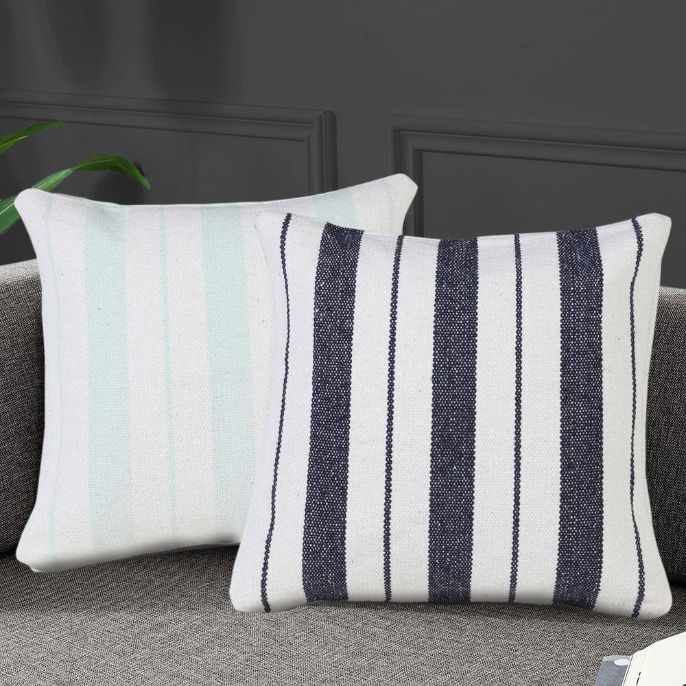 Bright Blue and White Cotton Striped 20'' Square Throw Pillow