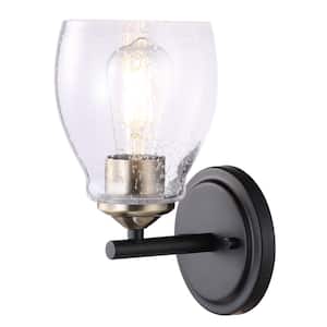 Winsley 5.375 in. 1-Light Black and Stained Brass Vanity Light with Clear Seeded Glass Shade