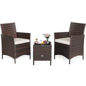 3 Pieces Patio Rattan Furniture Set with Cushion in White and Wood Table Top