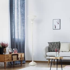 71 in. 1-Light White Torchiere Floor Lamp with Marbleized White Glass Shade