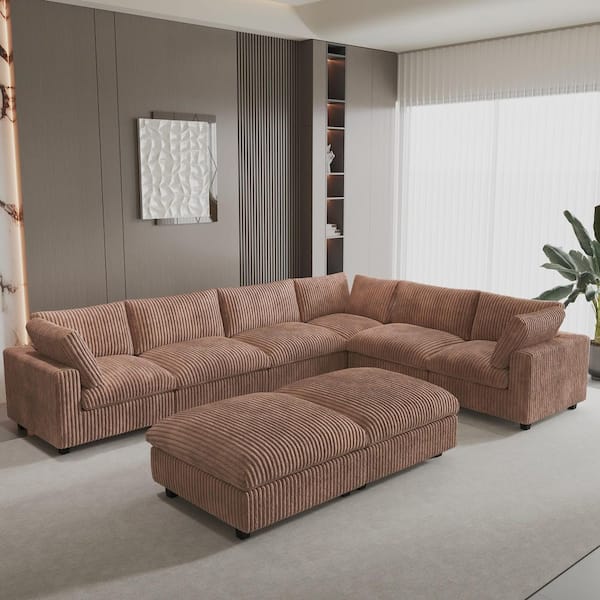 157.48 in. Square Arm Oversized Rabbit Hair Plush Fabric 8-Piece Modular Sectional Sofa with Ottoman in. Brown