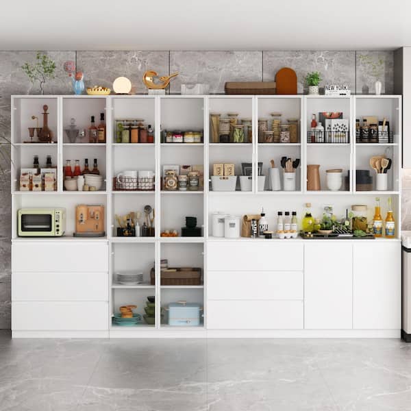 FUFU&GAGA White Accent Storage Cabinet with Tempered Glass Doors, 6-Drawers, Door Cabinet (126 in. W x 13.8 in. D x 78.7 in. H)