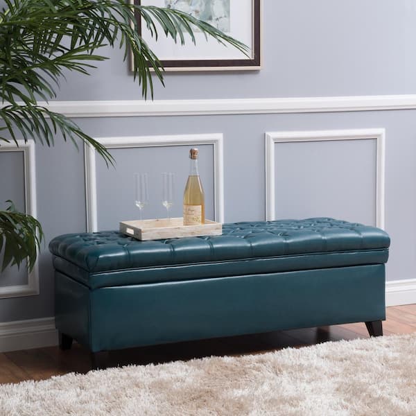 CHRISTOPHER KNIGHT HOME Teal 50 in. Tufted PU Leather Bedroom Bench with Storage, Solid Birch Legs