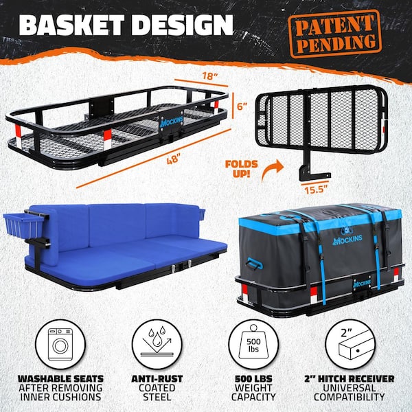 Mockins 48in x 18in x 6in. 2-in-1 Hitch Mount Cargo Carrier and Hitch Bench with 15CuFt Cargo Bag, Cushion Set and Accessories