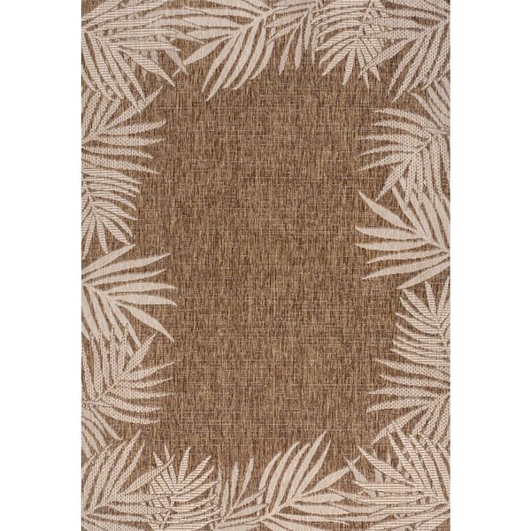 Isla Coastal Cottage Palm Frond Border Brown/Cream 8 ft. x 10 ft. Indoor/Outdoor Area Rug