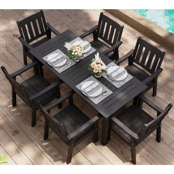 7-Piece Black Plastic Outdoor Patio Dining Set with Arm Chairs