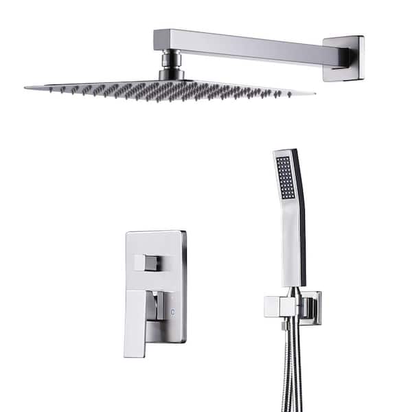 ALEASHA Single Handle 2-Spray Shower Faucet 1.8 GPM with 12 in. Square Shower Head and Handheld Shower in Brushed Nickel