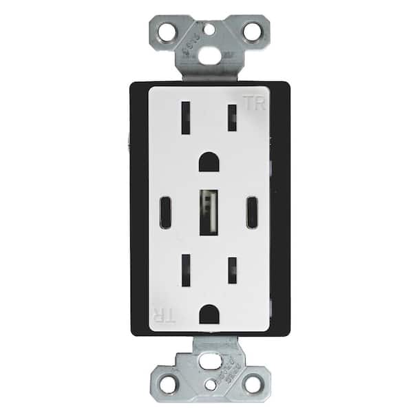 USB Receptacle Outlet White, 15A 30W with 2 Type C, 1 Type A USB Charger