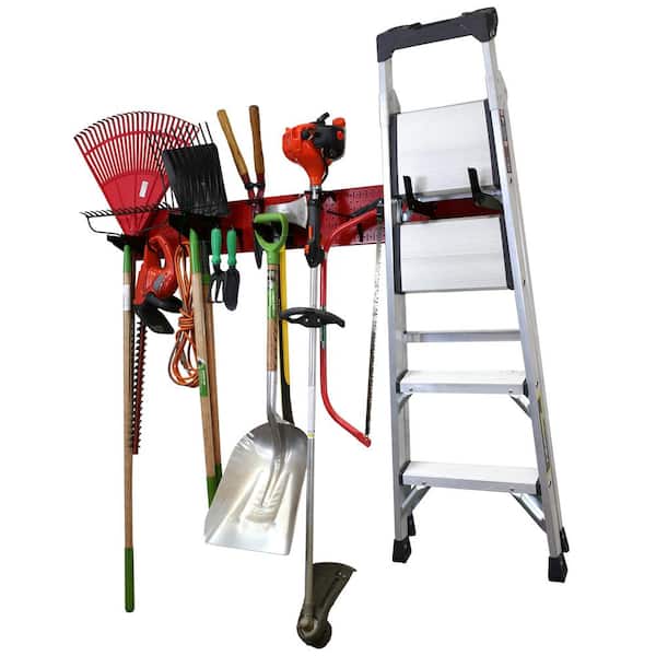 8 in. H x 64 in. W Garage Tool Storage Lawn and Garden Tool Organization Rack with Red Metal Pegboard and Black Hook Set
