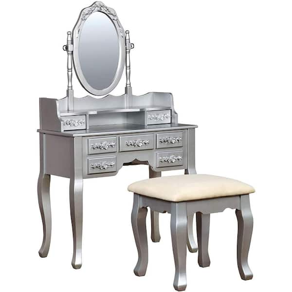 Benjara Traditional Silver Wooden Vanity Table Bm The Home Depot