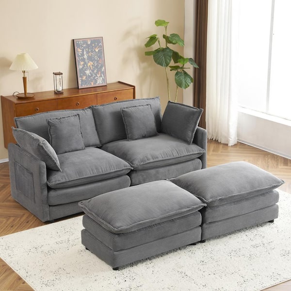 Harper & Bright Designs 75.6 in Corduroy Rectangle Sectional Sofa in. Dark Gray with Pillow, Side Pockets, 2-Layer Seat Cushions, 2 Ottomans