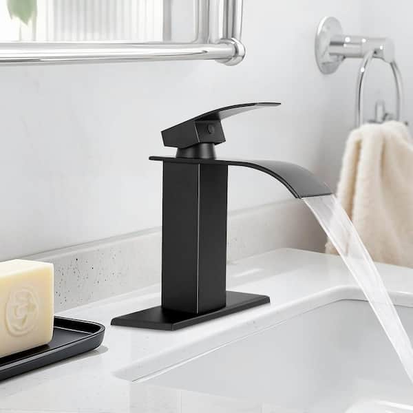 Modern Single Handle Single Hole Bathroom Sink Faucet with Suppply Line in Matte Black