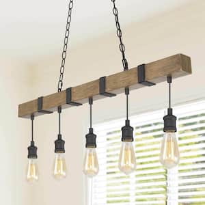 Wood Beam Chandelier 35.5 in. 5-Light Brown Linear Farmhouse Chandelier Island Pendant Light with Wood Accents