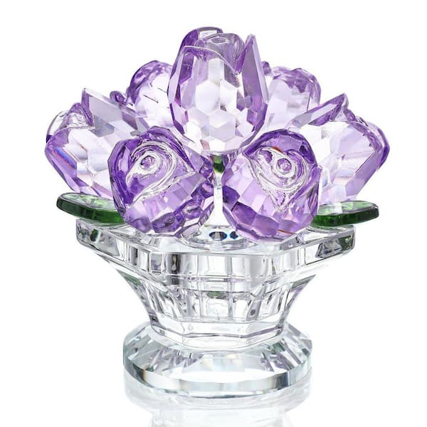 2.7 in. Handcraft Crystal Purple Rose Figurine with Base, Glass