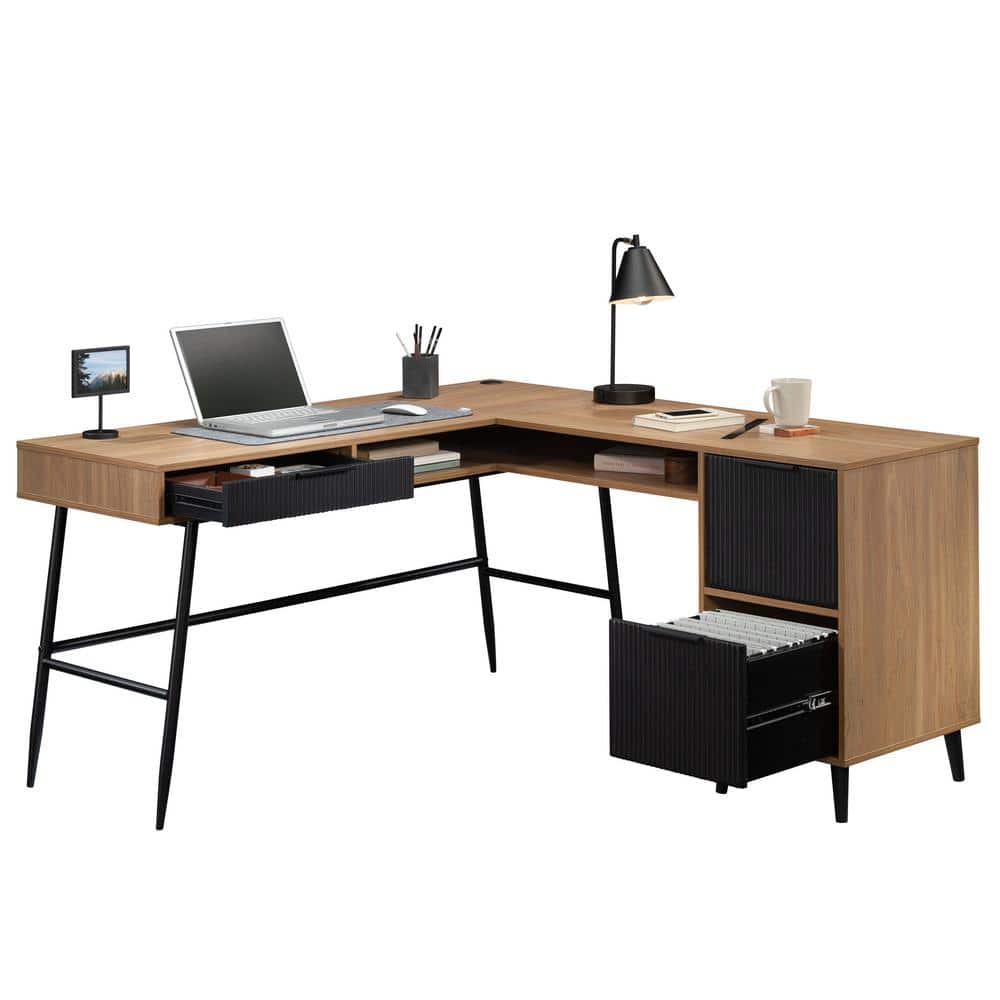 Serene Walnut L-Shaped Corner Desk with Black Drawers and Filing Cabinet