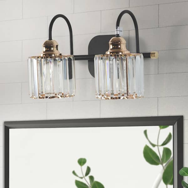 Merrin 14.3 in. 2-Lights Black Bathroom Vanity Light Wall Fixture for Bathroom Mirror with Crystal Shades
