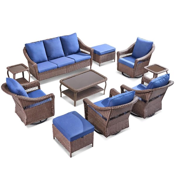 Buenaola 10-Piece Wicker Patio Conversation Set with Swivel Glider Chairs, Outdoor Sofa Seating Set with Blue Cushions