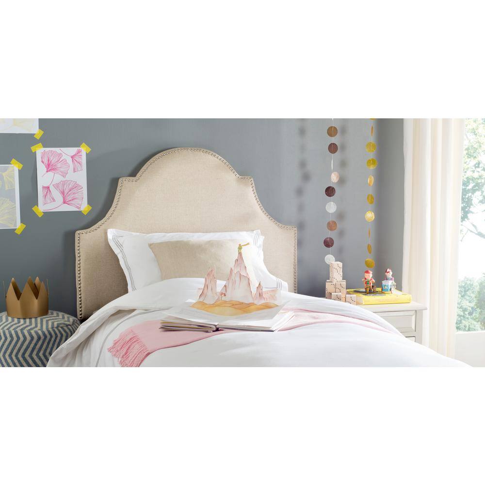 Hemp Linen Upholstered Twin Headboard with Silver Nailhead Trim