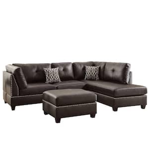 34 in. Flared Arm 3-Piece Bonded Leather L-Shaped Sectional Sofa in Brown with Wood Legs