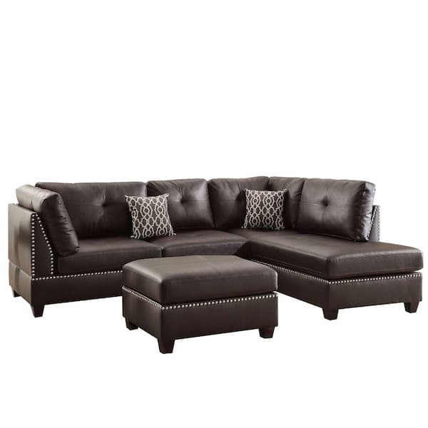 Benjara 34 in. Flared Arm 3-Piece Bonded Leather L-Shaped Sectional Sofa in Brown with Wood Legs